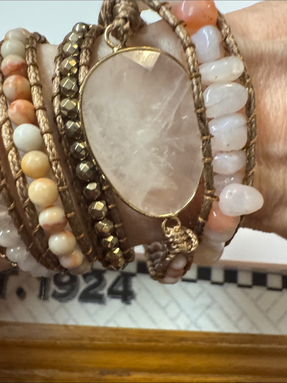 Multi-Strand Pink Stone Wrap Bracelet with Gold Accents